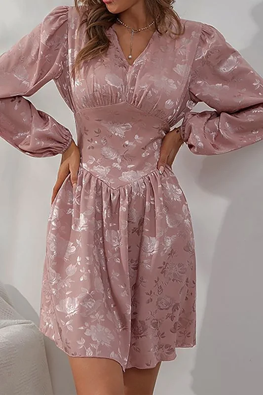 Jacquard Satin V Neck Buttons Long Sleeve Mini Dress Stylish Puff Sleeve Mini Dress