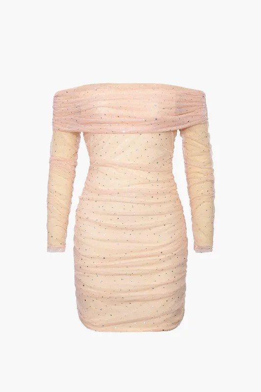 Sequins Mesh Ruched Mini Dress Classic Solid Mini Dress