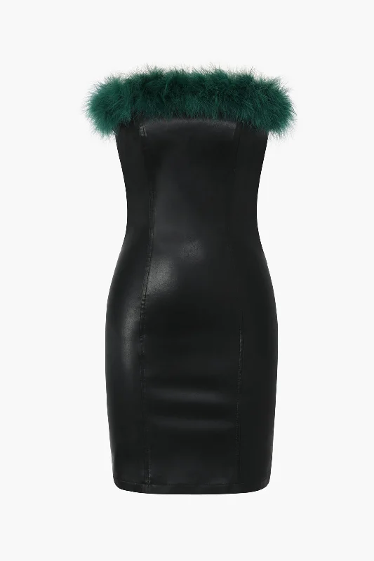 Feather Neckline Leather Mini Dress Elegant Lace Mini Dress