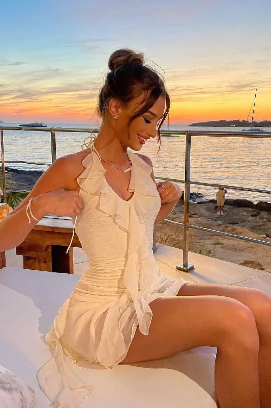 Halter Neck Ruffle Mini Dress Classic White Mini Dress