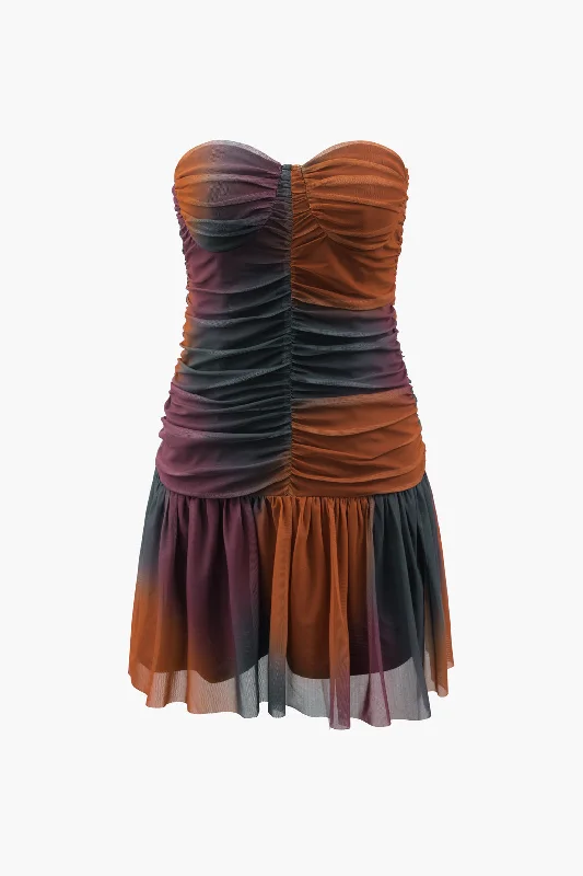 Tie Dye Mesh Ruched Strapless Mini Dress Chic Sleeveless Mini Dress