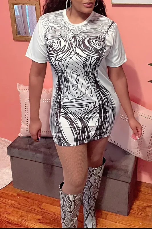 Abstract Line Print Short Sleeve Mini Dress Comfortable Fit-and-Flare Mini Dress