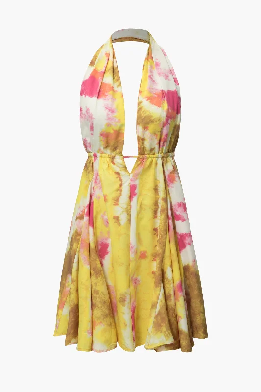 Tie Dye Halter Pleated Mini Dress Chic Bohemian Mini Dress