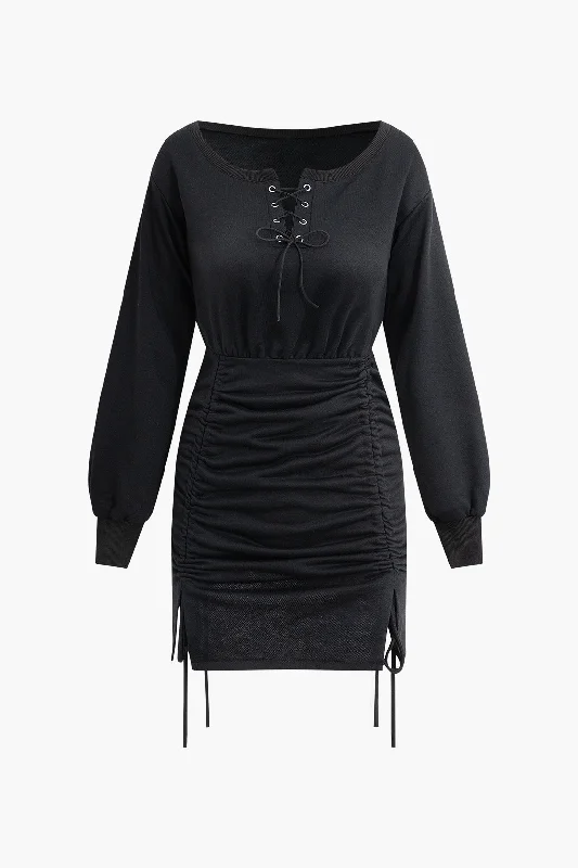 Eyelet Tie Ruched Drawstring Slit Mini Dress Trendy Bodycon Mini Dress