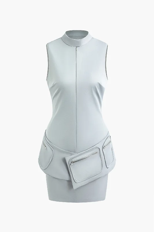 Mock Neck Pocket Detail Sleeveless Mini Dress Elegant Velvet Mini Dress