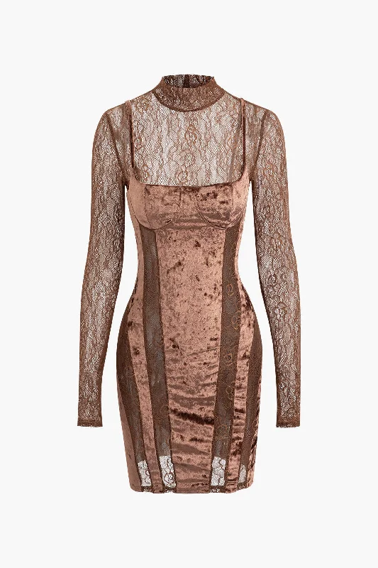 Lace Panel Velvet Mock Neck Long Sleeve Mini Dress Comfortable Boho Mini Dress