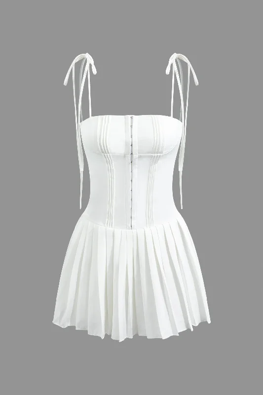 Hook And Eye Front Zip Up Back Pleated Cami Mini Dress Fashionable A-Line Mini Dress