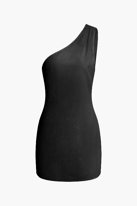 Solid Asymmetrical One Shoulder Mini Dress Chic Pleated Mini Dress