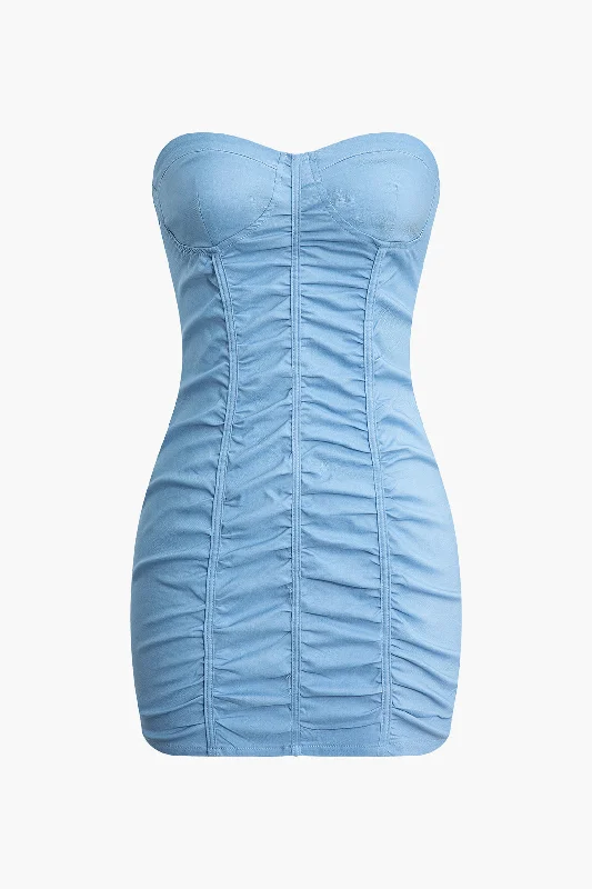 Solid Strapless Ruched Mini Dress Fashionable Polka Dot Mini Dress