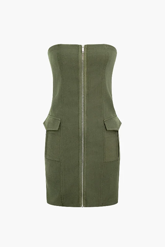 Solid Pocket Zipper Strapless Mini Dress Comfortable Wrap Mini Dress
