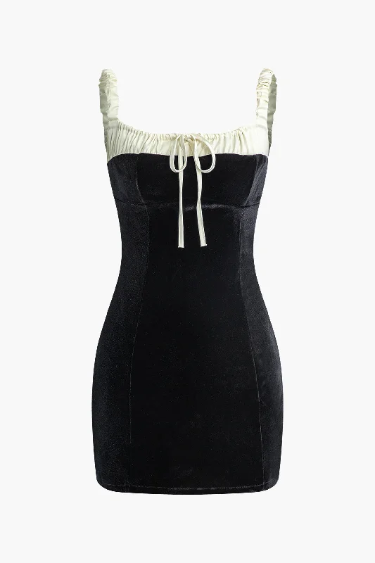 Color Block Ruched Drawstring Mini Dress Cozy Long Sleeve Mini Dress