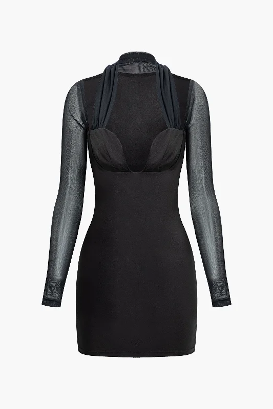 Patchwork Mesh Ruched V-neck Mini Dress Cozy Ruched Mini Dress