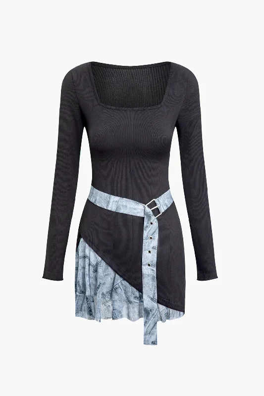 Patchwork Asymmetrical Ruched Belted Mini Dress Trendy Tie-Dye Mini Dress