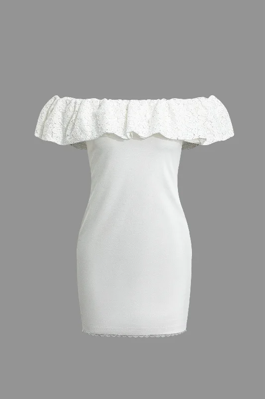Lace Ruffle Neckline One Shoulder Mini Dress Chic Pleated Mini Dress
