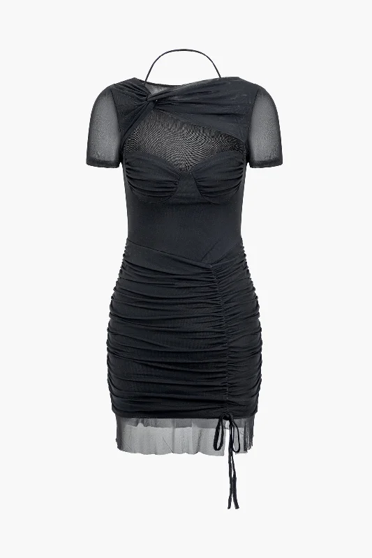 Mesh Cut Out Twist Drawstring Ruched Tie Mini Dress Stylish Ribbed Mini Dress