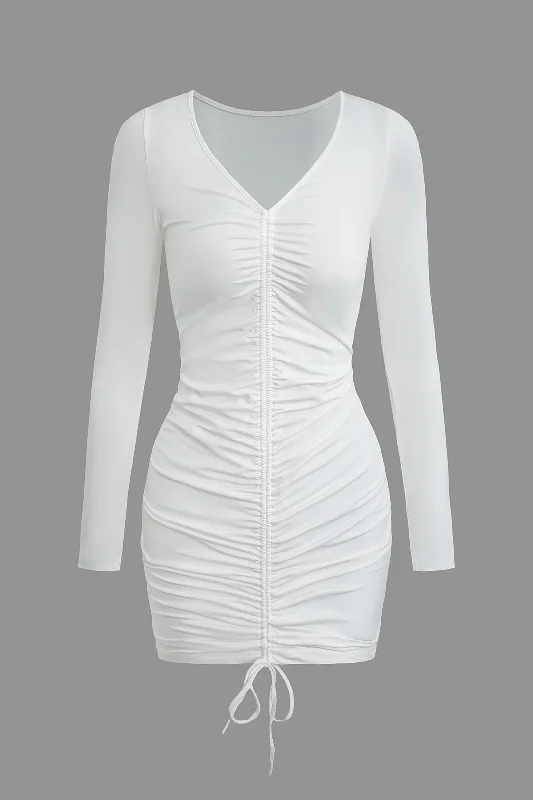 Solid Ruched Drawstring Mini Dress Trendy Off-Shoulder Dress Mini