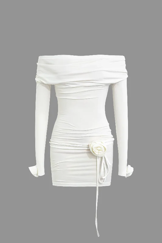 Solid 3D Floral Long-Sleeve Mini Dress Fashionable Button-Front Mini Dress
