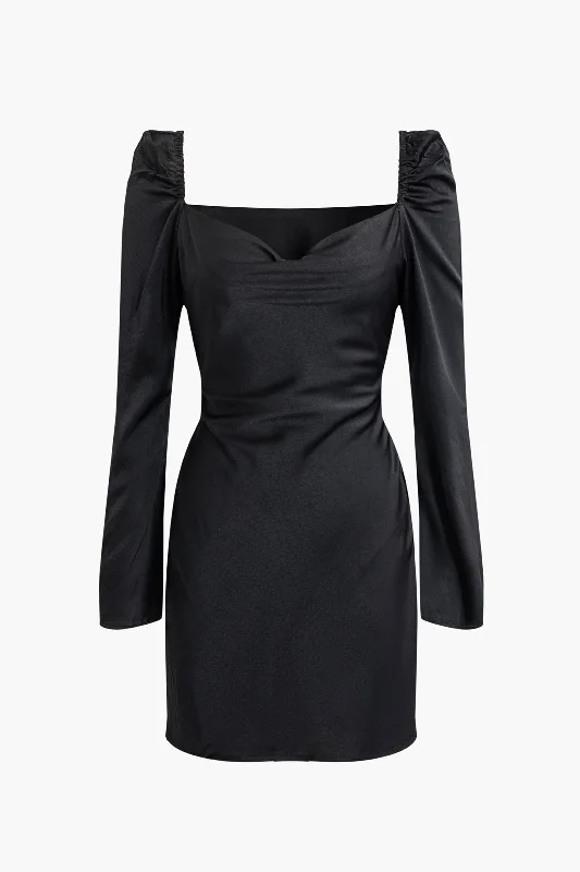 Solid Cowl Neck Long Sleeve Mini Dress Elegant Satin Mini Dress