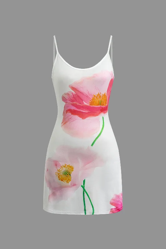 Floral Print Backless Slip Mini Dress Cozy Satin Mini Dress