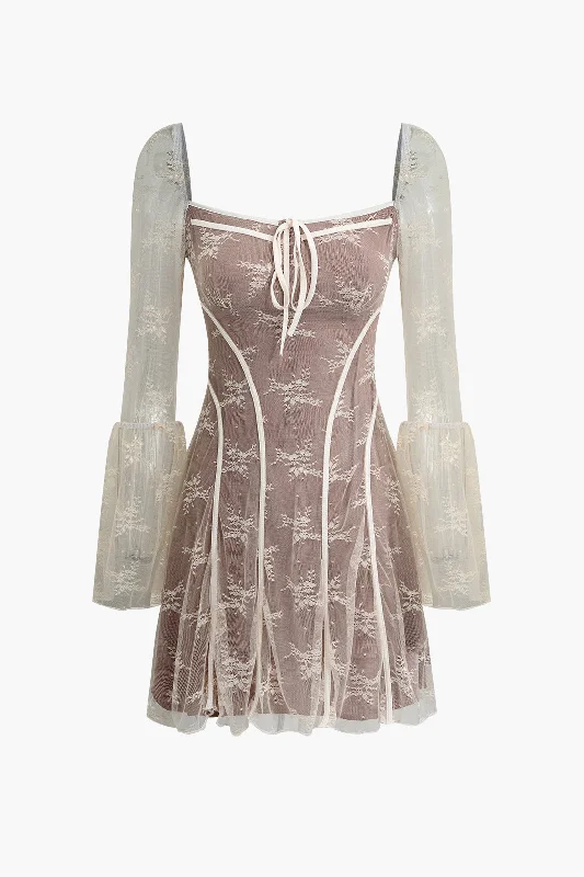 Floral Layer Lace Tie Mini Dress Comfortable Shift Mini Dress