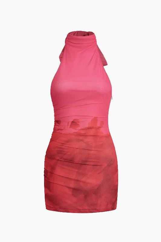 Tie Dye Halter Backless Ruched Mini Dress Fashionable Denim Mini Dress