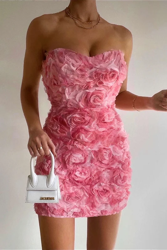 Floral Embroidery Strapless Mini Dress Elegant Lace-Up Mini Dress