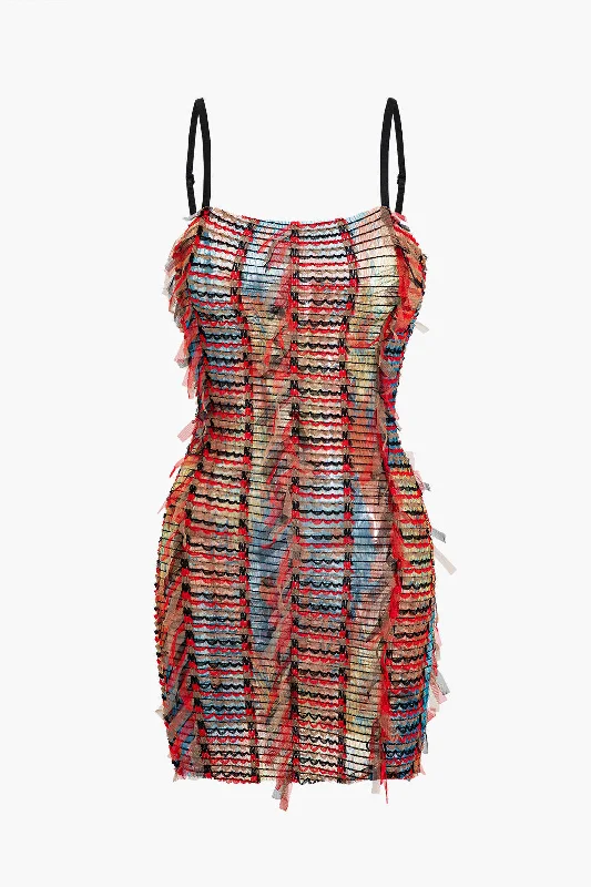 Striped Textured Spaghetti Strap Mini Dress Trendy A-Line Mini Dress