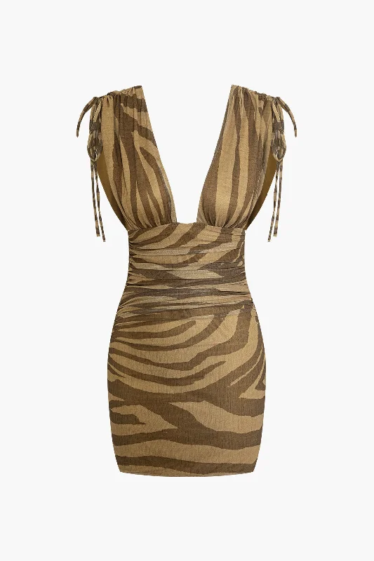 Zebra Print Mesh Cut Out Ruched Mini Dress