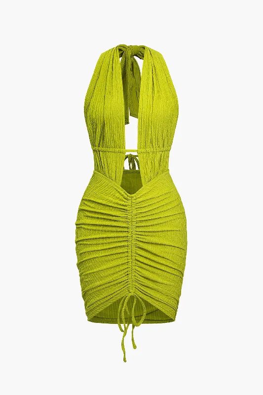 Solid Cut Out Tie Back Drawstring Mini Dress Cozy T-Shirt Mini Dress