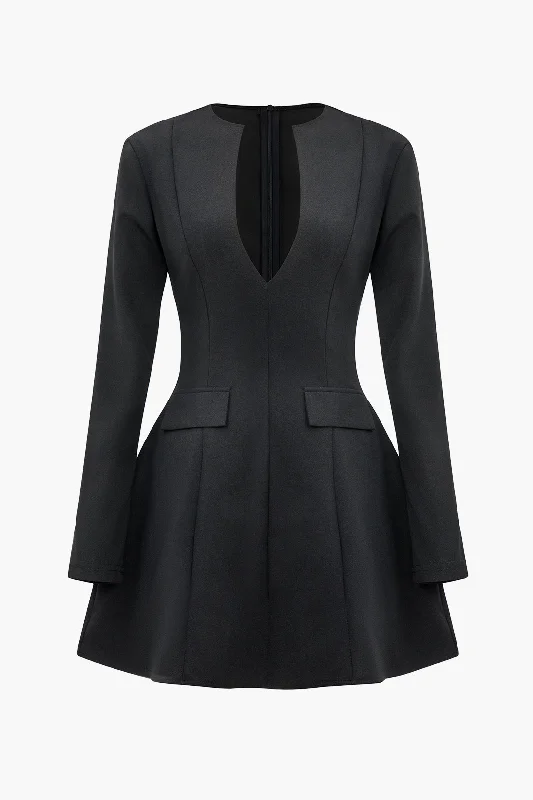 Solid V-neck Fake Pockets And Zipper Mini Dress Stylish Short-Sleeve Mini Dress
