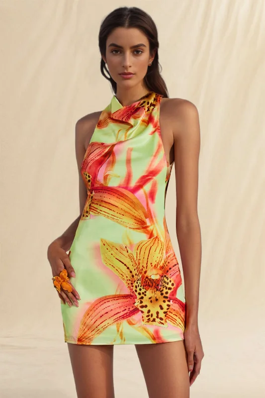 Floral Print Cut Out Mini Dress Stylish Ruffle Mini Dress