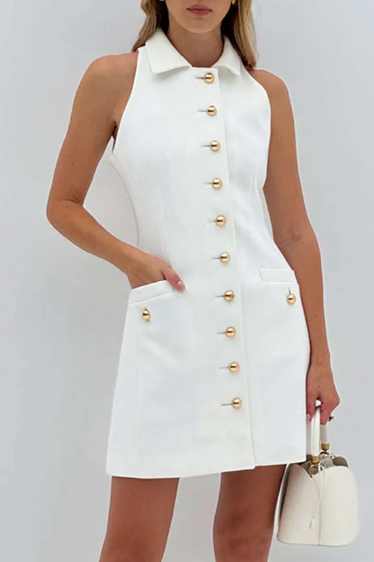 Multi-Button Collared Pocket Mini Dress Elegant Off-Shoulder Dress Mini