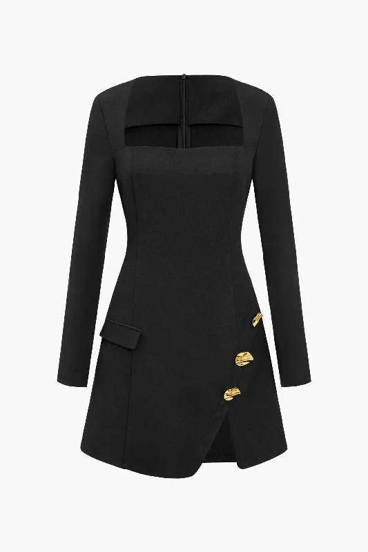 Solid Button Zipper Asymmetrical Mini Dress Cozy Long Sleeve Mini Dress