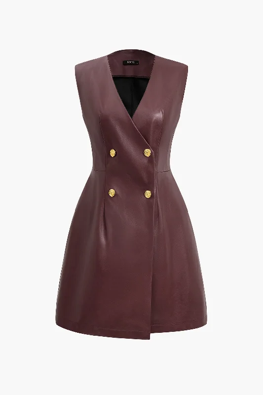 Solid PU Leather Button Mini Dress Comfortable One-Shoulder Mini Dress