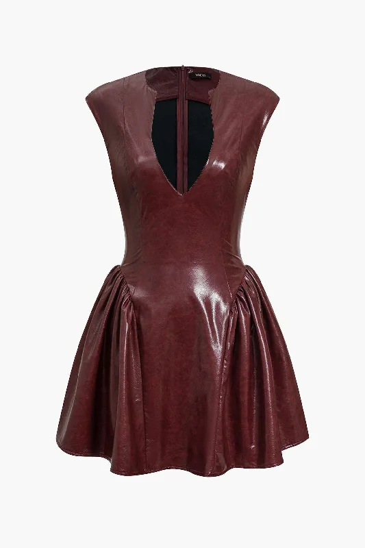 Faux Leather V-neck Ruched Mini Dress Fashionable Mini Dress with Frills