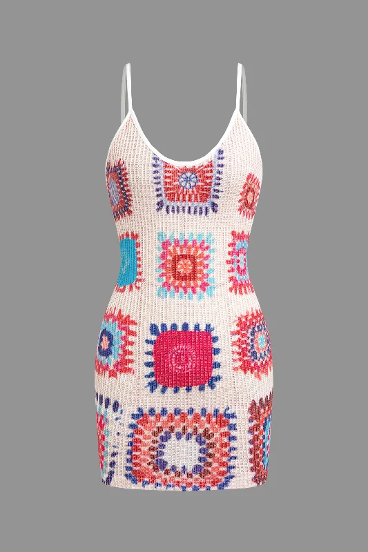 Geometric Pattern Knit Spaghetti Strap Mini Dress Elegant Velvet Mini Dress