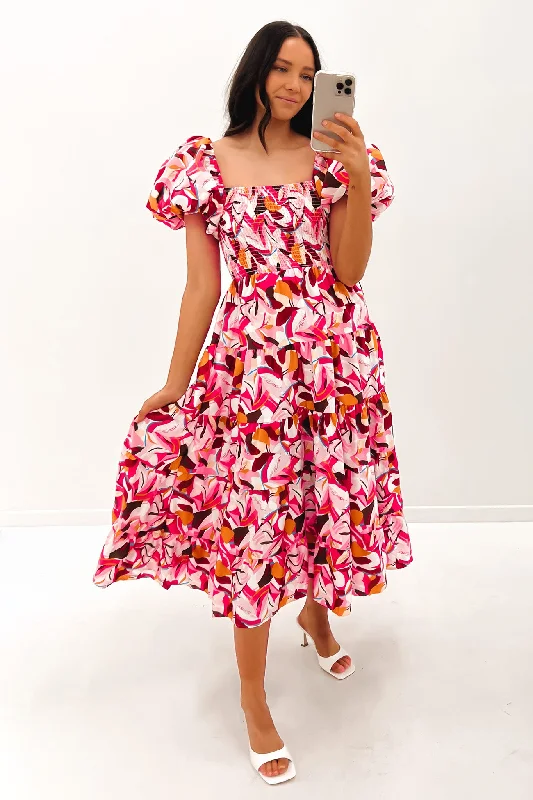 Miah Midi Dress Pink Comfortable Ruched Midi Dress