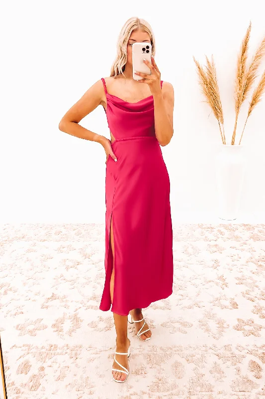 Nancy Midi Dress Pink Trendy Tiered Hem Midi Dress