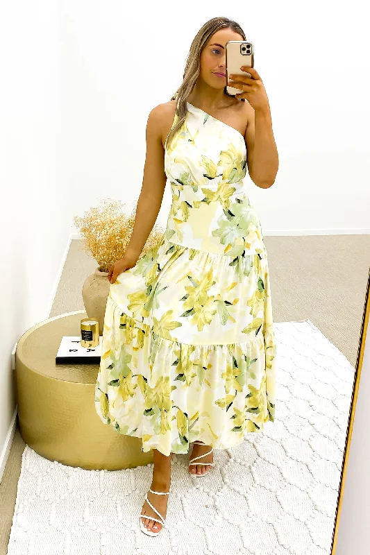 Oaklee Midi Dress Yellow Trendy Boho Midi Dress