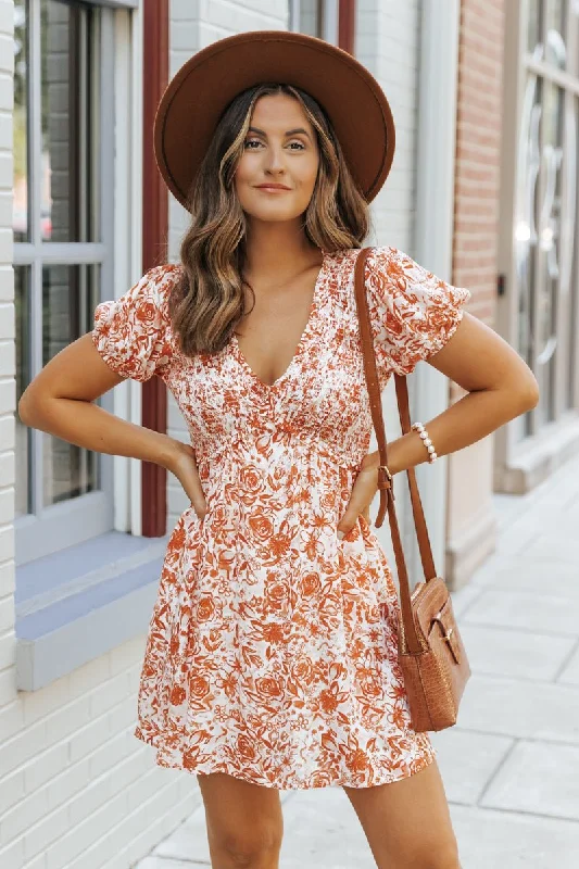 Orange Floral Print Smocked Mini Dress - FINAL SALE Elegant Mini Dress with Pleats