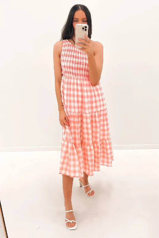 Penelope Midi Dress Pink Check Comfortable Button Front Midi Dress