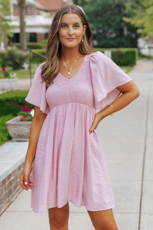 Pink Short Sleeve Smocked Mini Dress - FINAL SALE Comfortable Off-Shoulder Mini Dress