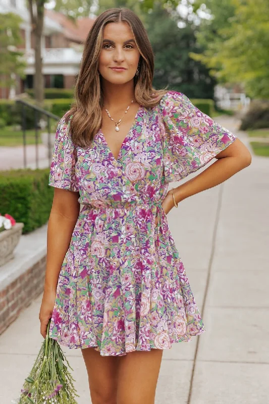Purple Floral Print Surplice Mini Dress - FINAL SALE Trendy Cut-Out Mini Dress