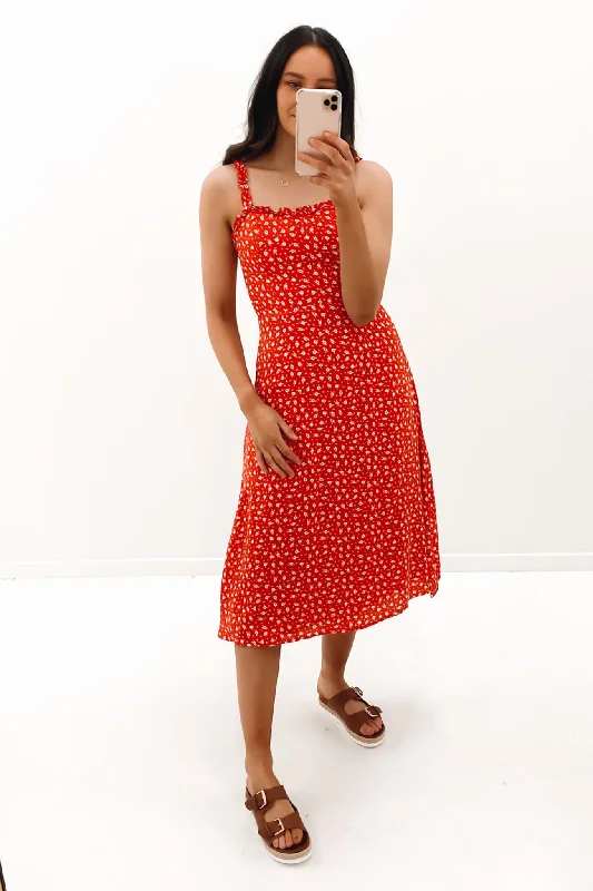 Rani Midi Dress Red Stylish Pleated Skirt Midi Dress