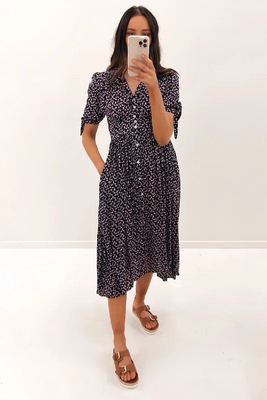 Ren Midi Dress Navy Floral Stylish Button-Down Midi Dress