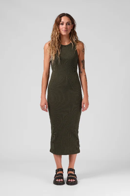 Rib Midi Dress - Olive Trendy Bodycon Midi Dress