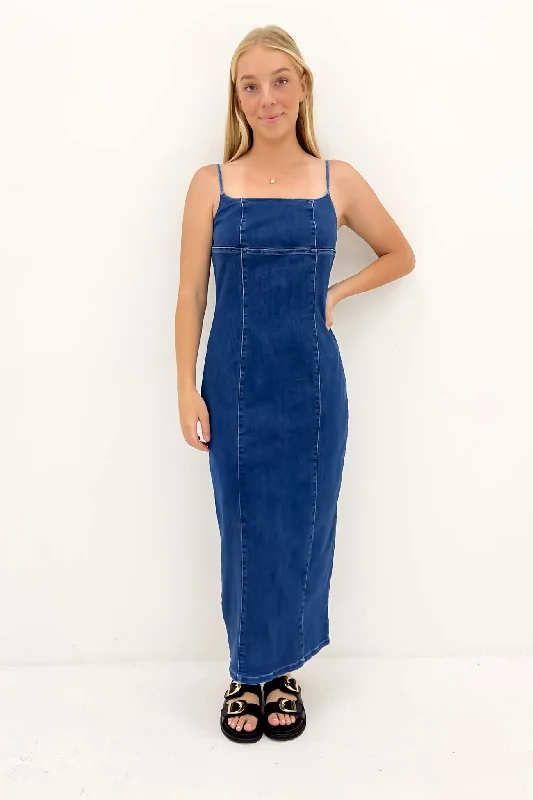 Romy Denim Midi Dress Indigo Trendy Ruffle Hem Midi Dress