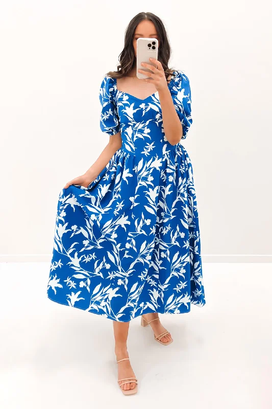 Selma Midi Dress Blue Stylish Long Sleeve Floral Midi Dress