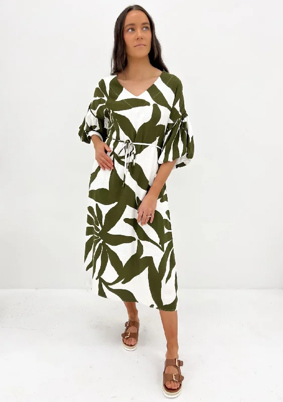 Shira Midi Dress Khaki White Stylish Button-Up Midi Dress
