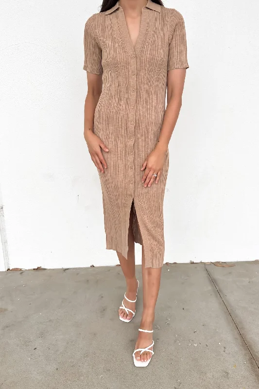 Shylie Ribbed Midi Dress Beige Elegant Maxi-Midi Hybrid Dress